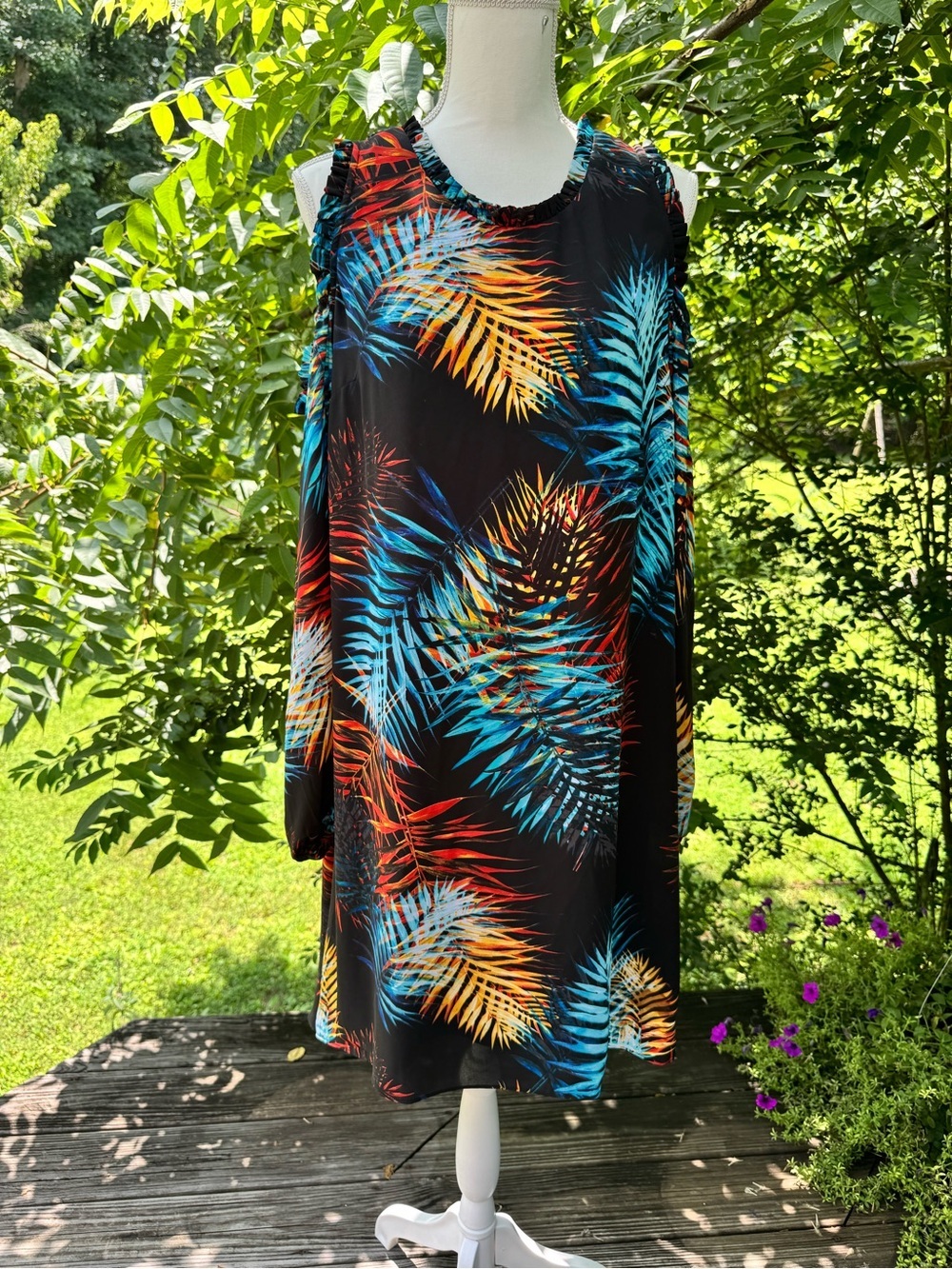 Worthington Black Cold-Shoulder Tropical Palm Dress with Blue & Orange